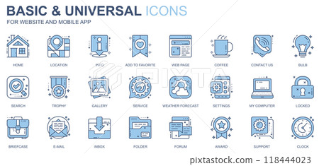 Basic and universal web icons set in duotone line design. Pack of home, location, info, add to favorite, webpage, coffee, contact, search, gallery, other outline stroke pictograms. Vector illustration 118444023