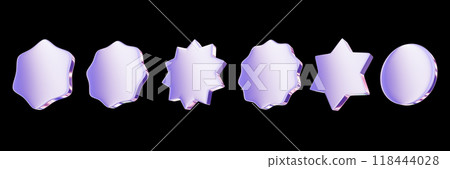 Chrome 3D sticker set, sale round badge collection, metallic futuristic brutal shapes, wavy edge.  118444028