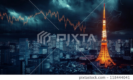 Tokyo Tower overlaid with stock market graph 118444041