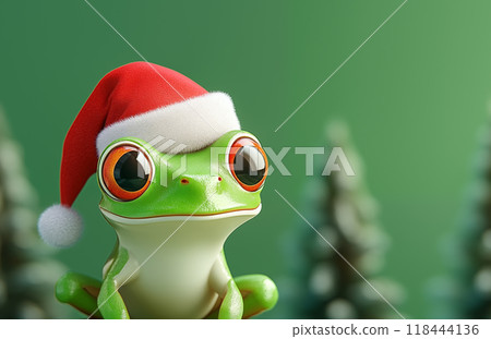 手绘卡通可爱的戴圣诞帽的青蛙插画 118444136