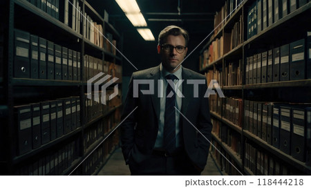 Accountant and tax consulting agent in dark office, generative ai 118444218