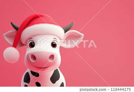 手绘卡通可爱的戴圣诞帽的牛插画 118444275