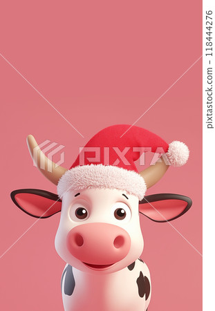手绘卡通可爱的戴圣诞帽的牛插画 118444276