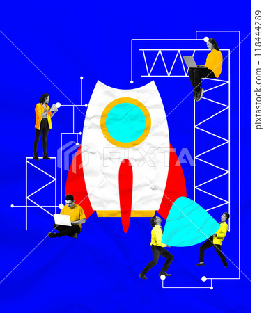 Contemporary art collage. Team assembles pieces of rocket, symbolizing collaborative process of building startup, brick by brick, fueled by teamwork and technology. Contemporary art collage. Team assembles pieces of rocket, symbolizing collaborative process of building startup, brick by brick, fueled by teamwork and technology. 118444289