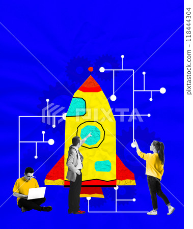 Contemporary art collage. Team surrounds vibrant rocket with connections drawn to it, highlighting collaboration, innovation, and tech-driven growth of startup. Contemporary art collage. Team surrounds vibrant rocket with connections drawn to it, highlighting collaboration, innovation, and tech-driven growth of startup. 118444304