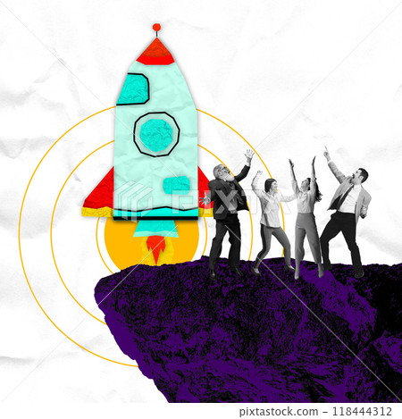 Contemporary art collage. Diverse business team cheers as rocket lifts off, embodying unity and excitement as they launch their ambitious project into future. Contemporary art collage. Diverse business team cheers as rocket lifts off, embodying unity and excitement as they launch their ambitious project into future. 118444312