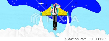 Banner. Contemporary art collage. Businessman salutes horizon as he ascends with rocket boosters, symbolizing vision, leadership, and determination in startup ventures. 118444313