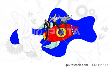 Contemporary art collage. Colorful rocket with professionals triumphantly riding it, symbolizing teamwork and collective drive for startup success. 118444314