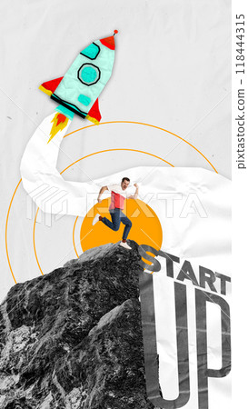 Contemporary art collage. Man excitedly runs towards rocket blasting off, capturing momentum and excitement of startups reaching new heights in innovation. 118444315
