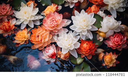 High angle view of koi carp swimming in aquarium,Romania photo top view koi fishes,  Generate AI 118444781