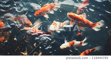 High angle view of koi carp swimming in aquarium,Romania photo top view koi fishes,  Generate AI 118444785