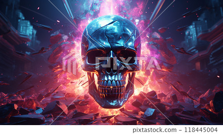 Neon synthwave skull exploding into shining polygons - 3D Illustration rainbow splash background Generate AI 118445004