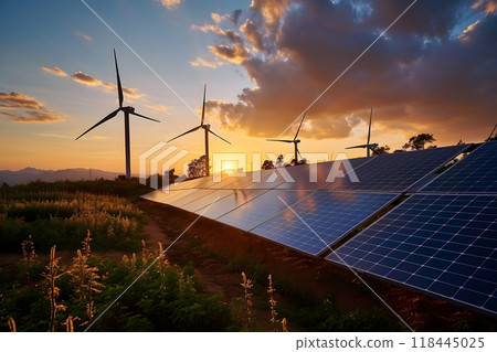 wind turbines and solar panels in the field at summer sunset 118445025