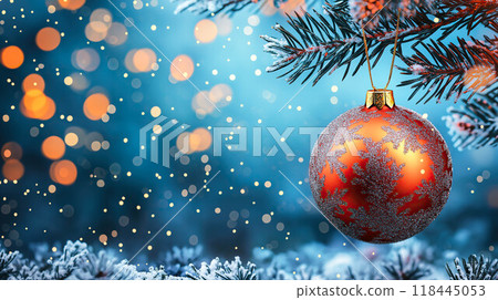 A festive background featuring snowflakes and Christmas balls.The concept evokes holiday cheer and seasonal decorations. Generative AI. 118445053