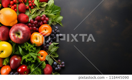 A variety of fresh ripe fruit and vegetables. Food concept background. Top view. Copy space.Generate AI 118445090
