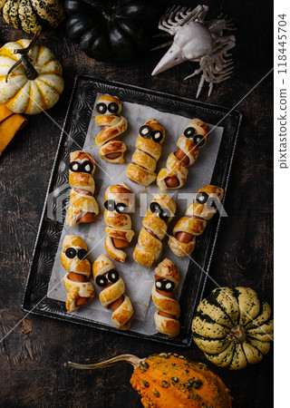 Halloween food. Ssausage in shape of mummies 118445704