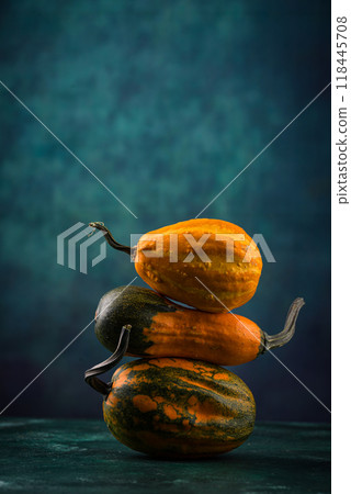 Various decorative pumpkin on green background Various decorative pumpkin on green background 118445708