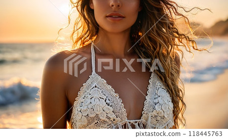 Woman white crochet halter bikini top with fringe details boho chic beachy waves natural 118445763