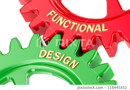 Functional Design concept with colored gearwheels. 3D rendering Functional Design concept with colored gearwheels. 3D rendering 118445852