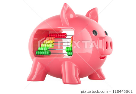 Piggy bank with abacus. Savings concept. 3D rendering Piggy bank with abacus. Savings concept. 3D rendering 118445861