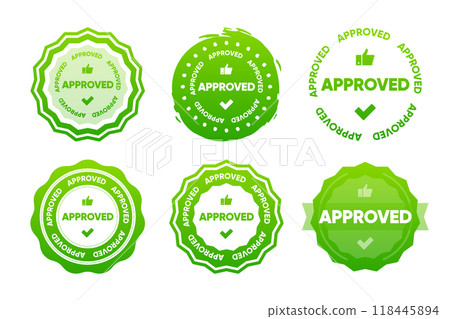 Approved Stamp collection. Seal emblem logo. Approval Check Mark green color. Vector illustration. Approved Stamp collection. Seal emblem logo. Approval Check Mark green color. Vector illustration. 118445894