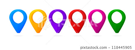 Set of 3D colorful Map Markers. Map pointers. Location icon. Concept of route, landmark. Vector illustration. Set of 3D colorful Map Markers. Map pointers. Location icon. Concept of route, landmark. Vector illustration. 118445905
