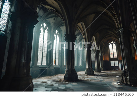 Dark gothic abandoned ancient chapel hall interior with tall windows and columns, foggy and empty. 118446100