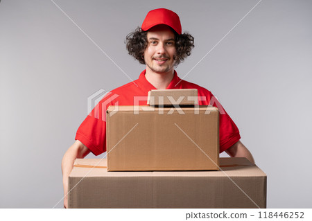 Smiling Postal Courier, Porter Man With Parcels Boxes. Happy Handyman Delivering 118446252