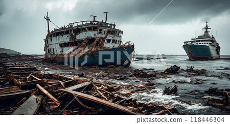 Shipwrecked World. Post-apocalyptic coastal scene with sunken ships, washed-up debris 118446304