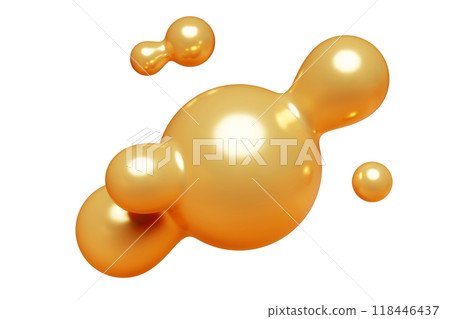 Golden abstract liquid metaball shape. 3d render illustration of fluid soft bubble blob. Organic gold decorative sphere geometric form. Morphing ball aqua drop or molecule. Flow particles. Golden abstract liquid metaball shape. 3d render illustration of fluid soft bubble blob. Organic gold decorative sphere geometric form. Morphing ball aqua drop or molecule. Flow particles. 118446437