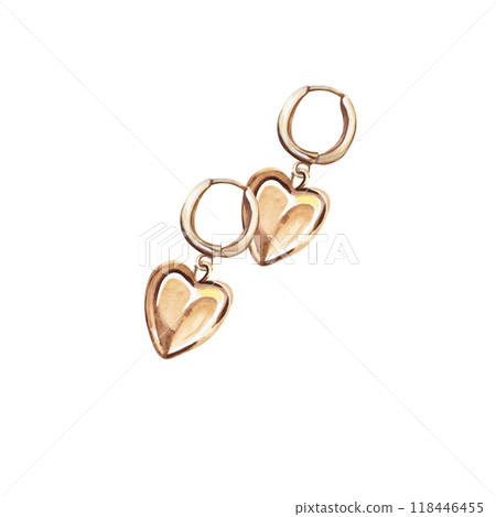 Golden earrings with heart-shaped pendant in watercolor. Isolated illustration of jewelry for design of catalogs, advertising campaigns, fashion magazines, social networks, creating patterns, 118446455
