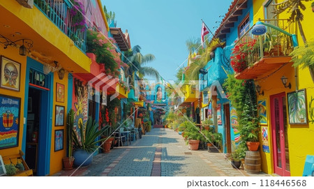 Hispanic Heritage Month . A scene of a Hispanic neighborhood adorned with colorful murals and artwork, showcasing the vibrant cultural identity and pride of the community. 118446568