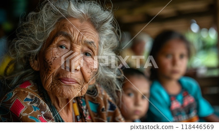 Hispanic Heritage Month . A portrait of an elderly Hispanic woman sharing stories and traditions with her grandchildren, her wisdom and connection to the past bridging generations. 118446569