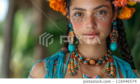 Hispanic Heritage Month . A close-up shot of a Hispanic person wearing traditional clothing or jewelry, their attire symbolizing their connection to their heritage and cultural identity. 118446574