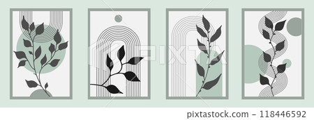 Zen arch poster set with botanical element, simple line arch shapes, and leavs. Geometric Japanese zen pattern minimal elements. Boho style strips, Zen arch poster set with botanical element, simple line arch shapes, and leavs. Geometric Japanese zen pattern minimal elements. Boho style strips, 118446592