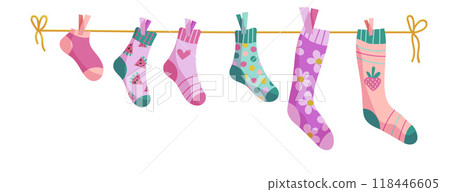 Clothesline socks. Socks on a rope, Baby socks with patterns vector cartoon. 118446605