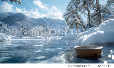 Japan. Explore the unique winter traditions and activities associated with onsen culture, such as snow bathing or enjoying a cup of hot tea while gazing at the snow-covered scenery. 118446612