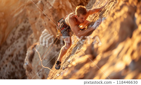 Young man rock climber. Climbing achievements. 118446630