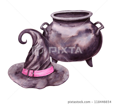 Black cast iron cauldron for brewing potions and witch hat. Esoteric attribute of sorcerer, gypsy, fortune teller, psychic. Clipart for Halloween, Sabbath party. Watercolor hand-drawn illustration 118446654