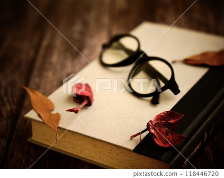 Reading Autumn Winter Books, glasses and dead leaves on a wooden table 118446720