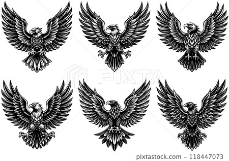 A set of images of a black eagle with spread wings 118447073