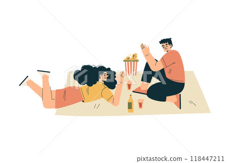 Man and Woman at Musical Festival Sit on Blanket Have Picnic and Rest Vector Illustration 118447211