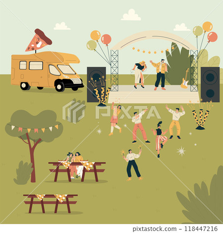 Musical Festival with People Dance and Listen to Music Outdoor Vector Illustration Musical Festival with People Dance and Listen to Music Outdoor Vector Illustration 118447216