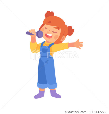 Little Girl Singing in Microphone on Stage Vector Illustration Little Girl Singing in Microphone on Stage Vector Illustration 118447222