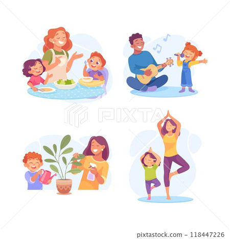 Homework with Parent and Kid Engaged in Home Activity Vector Set 118447226