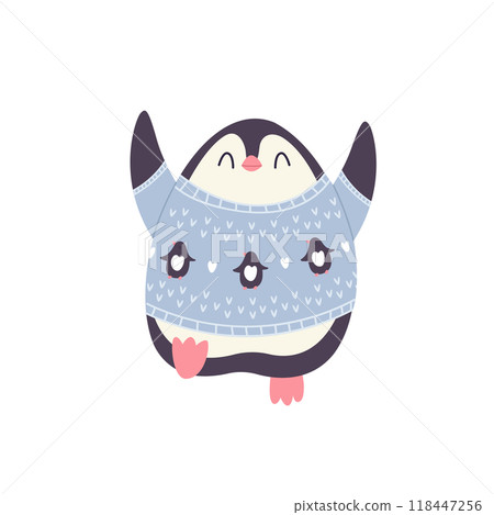 Playful cartoon vector illustration of a jumping penguin in a knitted sweater Playful cartoon vector illustration of a jumping penguin in a knitted sweater 118447256