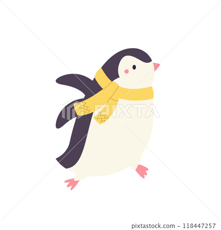 Playful cartoon vector illustration of a penguin in scarf on white background 118447257