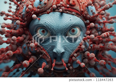 3D rendering of an alien with red blood cells and blue eyes 3D rendering of an alien with red blood cells and blue eyes 118447263