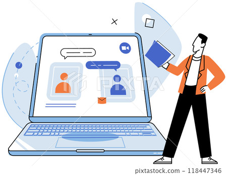 Online video meeting. Vector illustration. Discussions in online video meetings facilitate togetherness and collaboration Online video calls bring people together regardless physical distance Online video meeting. Vector illustration. Discussions in online video meetings facilitate togetherness and collaboration Online video calls bring people together regardless physical distance 118447346