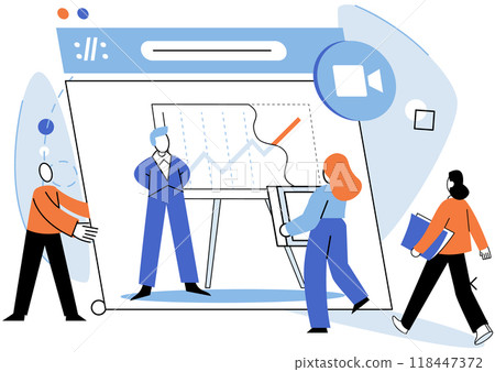 Online video meeting. Vector illustration. Social media platforms facilitate virtual meetings and digital engagements Teleconferences and video calls provide virtual space for productive meetings Online video meeting. Vector illustration. Social media platforms facilitate virtual meetings and digital engagements Teleconferences and video calls provide virtual space for productive meetings 118447372